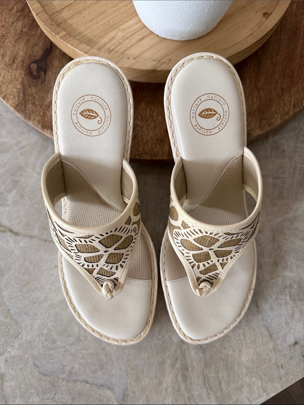 Nurture Leather Jenny Wedge Cut-Out Look Braided Jute Floral Cream Brown 8.5 - Picture 2 of 11